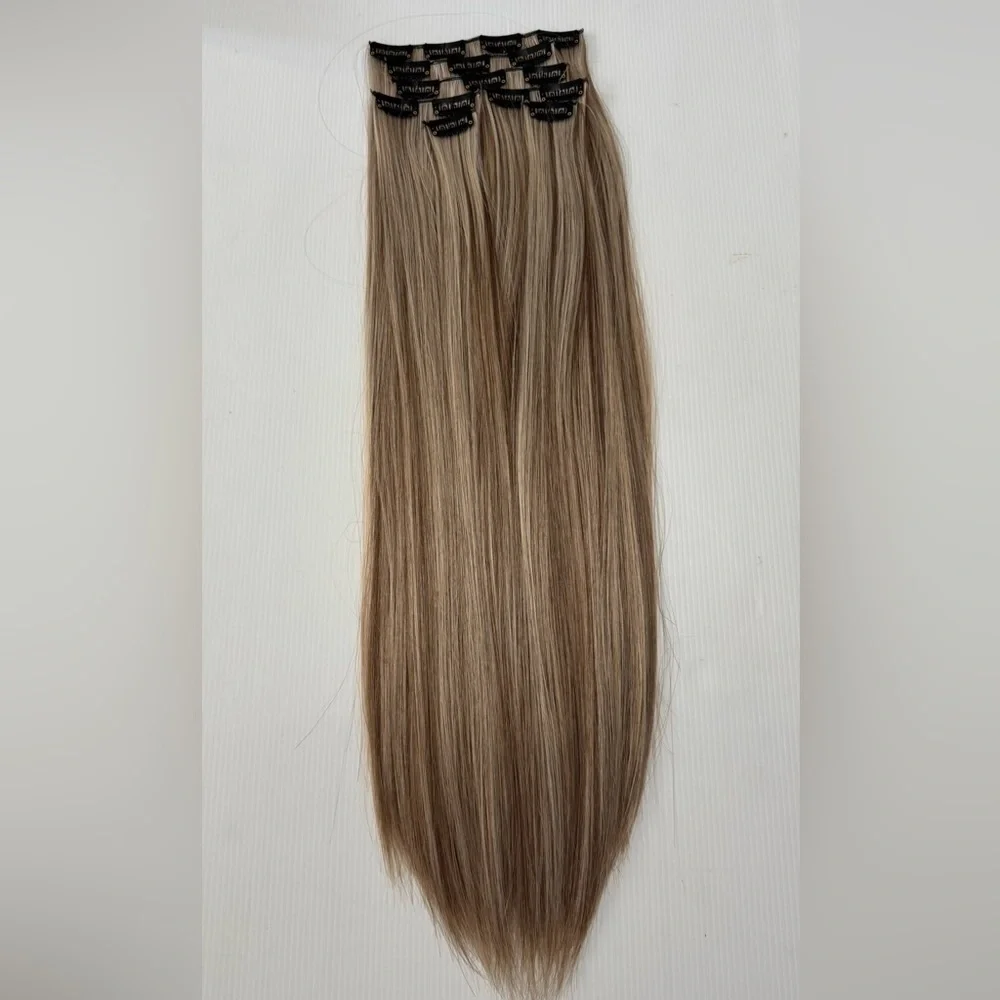 Human hair blend Light Brown With Light Blonde highlights Hair Extensions 24 in